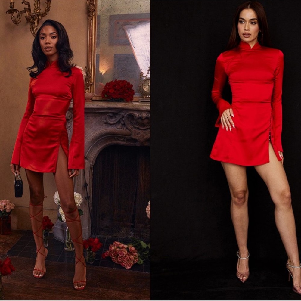 NWOT HOUSE OF CB 'Alyssa' Scarlet Red Satin Mini Dress Long Sleeves sz S